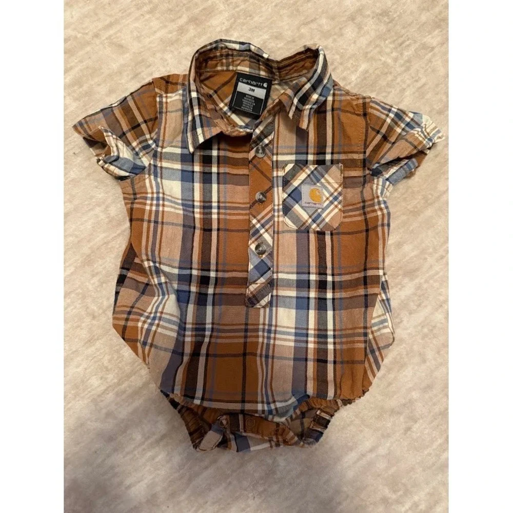 Carhartt Baby Boys 3M Plaid Short Sleeve Bodysuit Brown Blue Button Up Romper